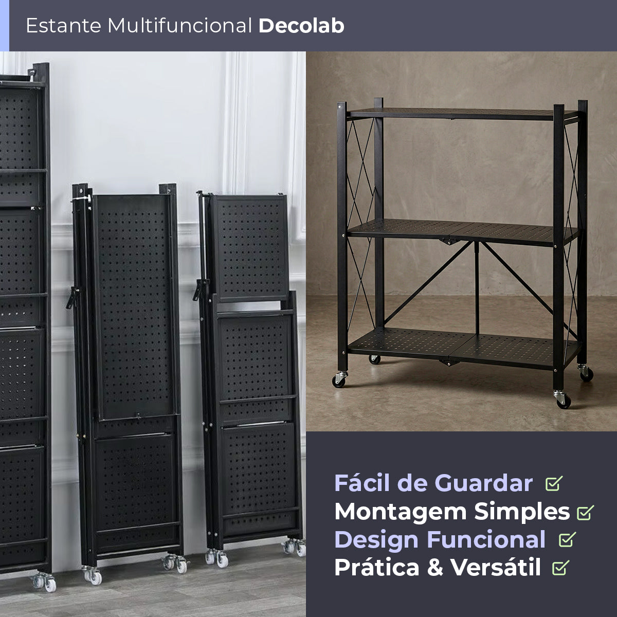 Estante Dobrável Multiuso Decolab 3 Prateleiras Preto
