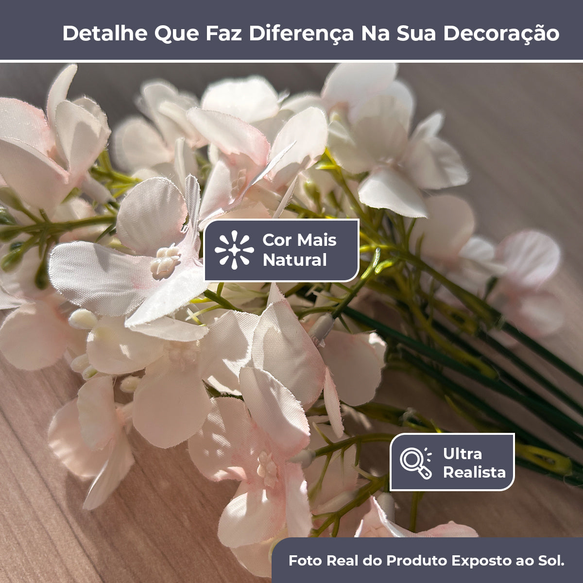 Kit 50 Raminhos de Hortênsia Artificial 32 cm - Flores Artificiais - Decolab - produto em uso
