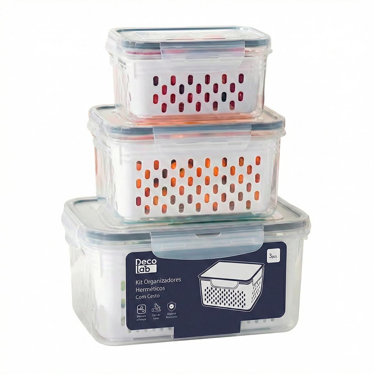 Kit 3 Potes Herméticos com Cesto