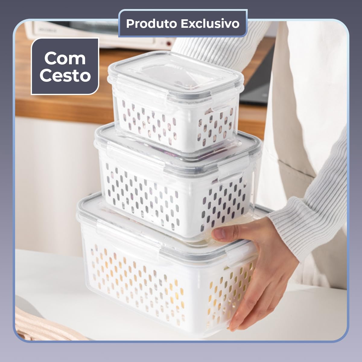 Kit 3 Potes Herméticos com Cesto