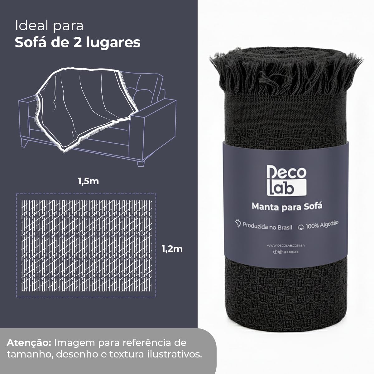Kit 2 Mantas para Sofá em Algodão com Franjas - Preto