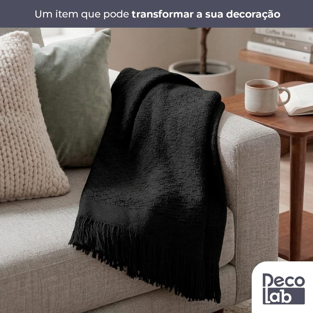 Kit 2 Mantas para Sofá em Algodão com Franjas - Preto