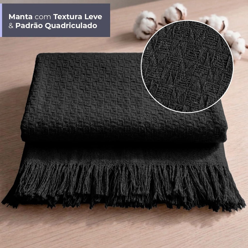 Kit 2 Mantas para Sofá em Algodão com Franjas - Preto