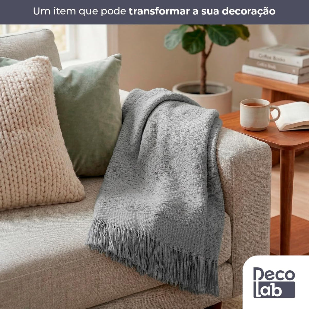 Manta para Sofá em Algodão com Franjas - Cinza