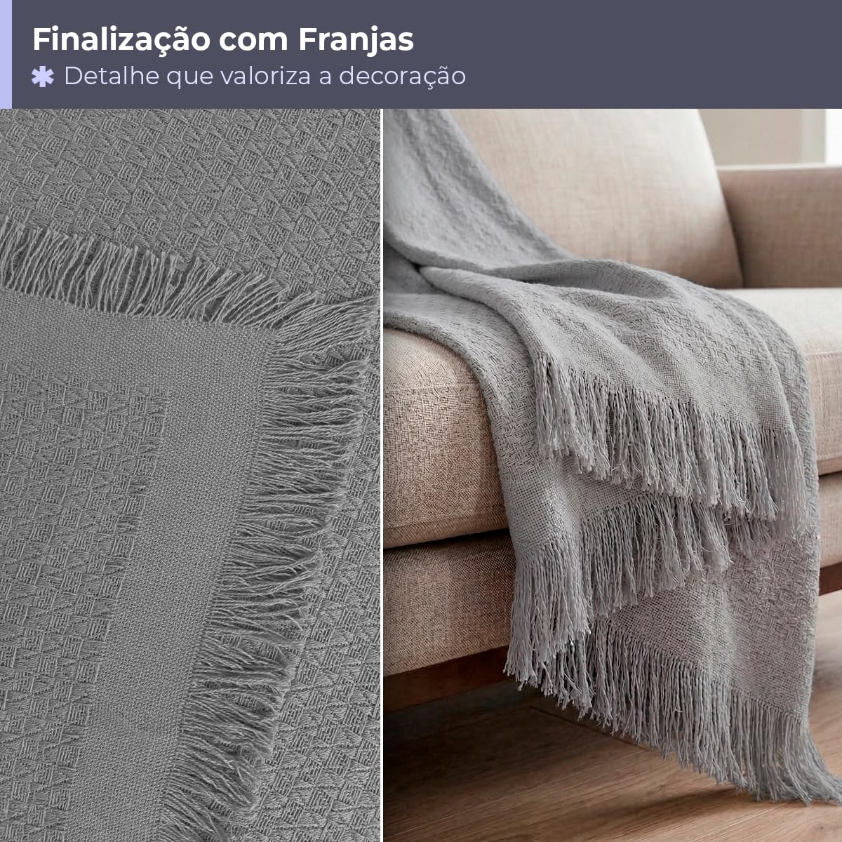 Manta para Sofá em Algodão com Franjas - Cinza