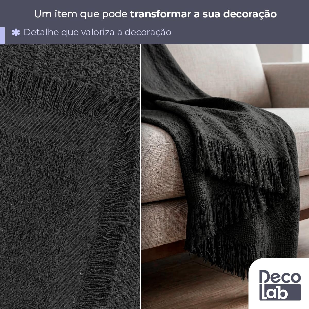 Kit 2 Mantas para Sofá em Algodão com Franjas - Preto