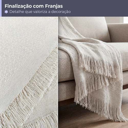 Kit 2 Mantas para Sofá em Algodão com Franjas - Branco-cru
