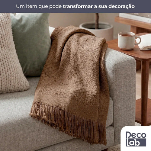 Kit 2 Mantas para Sofá em Algodão com Franjas - Marrom-caramelo