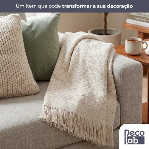 Kit 2 Mantas para Sofá em Algodão com Franjas - Branco-cru