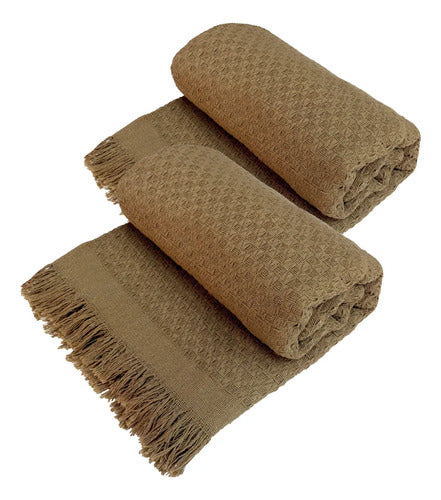 Kit 2 Mantas para Sofá em Algodão com Franjas - Marrom-caramelo