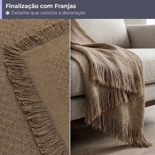 Kit 2 Mantas para Sofá em Algodão com Franjas - Marrom-caramelo