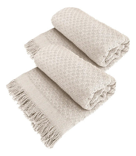 Kit 2 Mantas para Sofá em Algodão com Franjas - Branco-cru